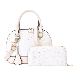 White shell bag set with star sequins, including handbag and matching wallet with gold hardware