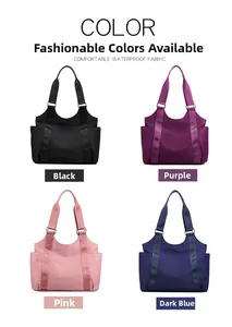 Detail view of multi-color waterproof oxford tote bags in black, purple, pink and navy