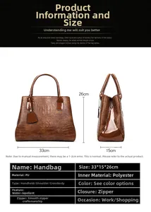 Detailed size chart for dark brown crocodile pattern PU leather handbag with 33cm width
