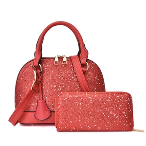 Red sequin shell handbag and matching long wallet set with gold star pattern