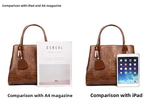 Brown crocodile pattern tote bag size comparison with A4 magazine and iPad device