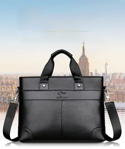 Close-up of black business briefcase with lychee texture and metallic kangaroo logo