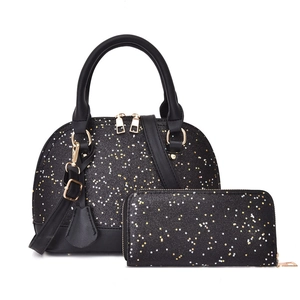 Two-piece black shell bag set with glitter star patterns and matching long zip wallet