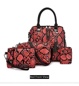 Detail view of 4-piece set featuring red and black snake skin pattern handbags