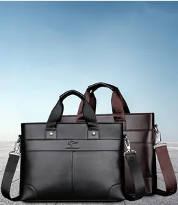 Business briefcase with pebble leather texture and kangaroo logo in black and brown