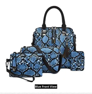 Blue snakeskin pattern four-piece handbag set including tote bag and matching accessories