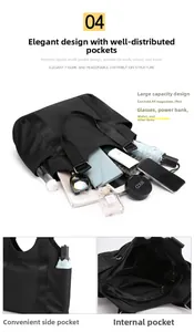 Detail showing multi-pocket layout and large capacity for A4 magazine and iPad in black tote bag