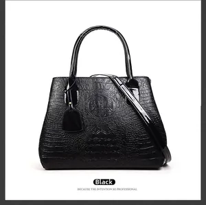 Detailed view of black crocodile pattern faux leather texture on woman's tote bag