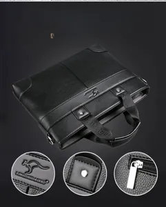Detail of the embossed kangaroo logo and silver metal rivets on black leather bag