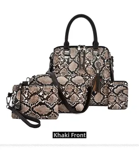 Front view of 4-piece khaki snakeskin bag set with handbag, crossbody, clutch and card holder