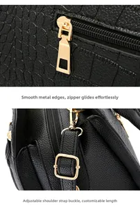 Detail of gold zipper on black crocodile texture leather with adjustable strap buckle