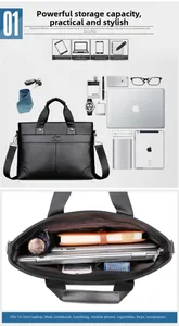 Detail view showing internal compartments of black business briefcase for 14-inch laptop