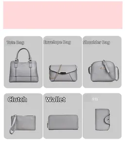 Detail view of a 6-piece grey handbag set featuring lychee pattern synthetic leather finish