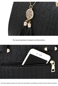 Detail of black crocodile texture handbag with golden tassel and back zipper pocket