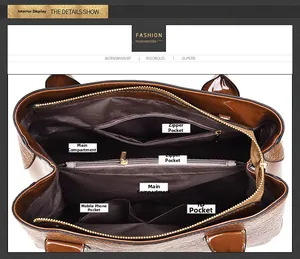 Detail view of the brown crocodile pattern handbag interior with multi-compartment storage