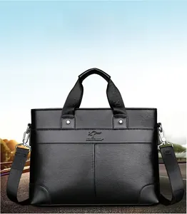 Close-up of black textured leather business briefcase with embossed brand logo