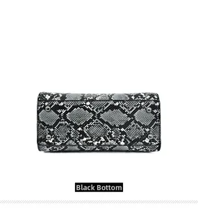 Detail view of snakeskin pattern handbag base with four silver metal protective feet