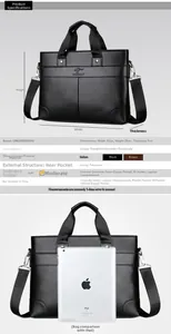 Detailed size guide for black business briefcase showing dimensions 35x26x7cm and features