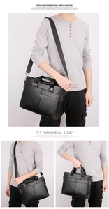 Detailed views of a black pebbled leather business briefcase with kangaroo logo and straps