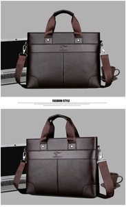 Close-up of brown pebbled leather briefcase featuring a kangaroo logo and shoulder strap