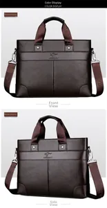 Detailed view of dark brown business briefcase with pebble grain texture and logo