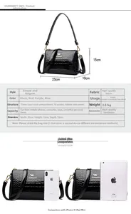 Detailed view of crocodile pattern patent leather handbag with 25x15x10cm dimensions