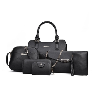 6-piece black faux leather handbag set with tote, crossbody bag, and matching wallets