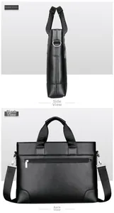 Detailed side and back view of a black business briefcase with leather texture and straps