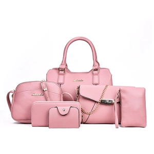Pink 6-piece women's handbag set with lychee texture and golden logo on white backdrop