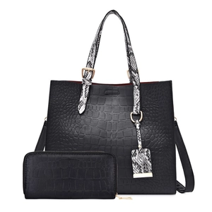 Black crocodile embossed tote bag and wallet set with snakeskin print handles