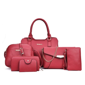 Red pebbled leather 6-piece handbag set with tote, crossbody bags and wallets in red color