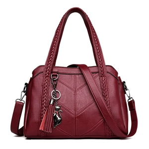 Women Handbag Litchi Grain PU Leather Shoulder Bag With Woven Handle Cat Tassel Pendant Tote Crossbody For Office Lady