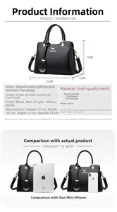 Detaillierte Maße und Handtaschen-Kapazitätsguide mit iPad- und Telefon-Vergleich