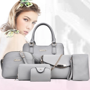 Light gray 6-piece women handbag set with textured leather and golden Balishia logo