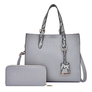 Grey crocodile embossed tote bag set with snakeskin pattern straps and matching wallet