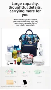 Detailed view of spacious floral diaper backpack storage for bottles, clothes and iPad