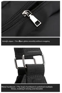 Detail of durable silver metal zipper and hardware buckles on black oxford tote bag
