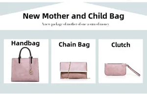 Detail view of 3-in-1 handbag set including tote, chain bag and clutch in dusty rose
