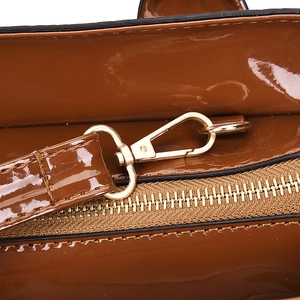 Brown crocodile pattern faux leather tote bag with golden metal hook and zip details