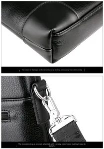 Detail of reinforced bottom stitching and silver metal swivel hook on black leather bag