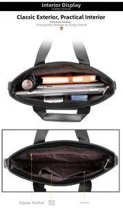Internal compartments of black business briefcase showing laptop sleeve and pockets