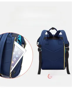 Detail of navy blue mommy backpack with anti-theft hidden back pocket for tablets