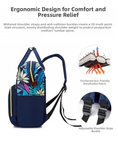 Detail of ergonomic breathable mesh straps and durable plastic buckles on a blue diaper bag