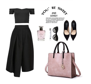Chic women's outfit set with black off-shoulder top and pink textured handbag