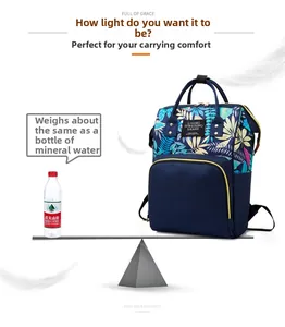 Lightweight navy blue backpack with leaf print compared to a water bottle weight