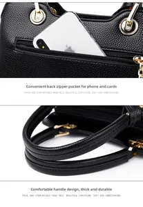 Details der schwarzen Handtasche aus Leder mit sicherem Reißverschlussfach und Rollgriffen