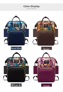 Detailed color display of four patterned diaper backpacks with tropical leaf prints