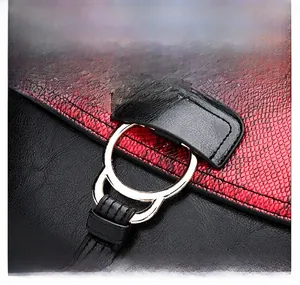 Détail macro de cuir litchi noir et texture serpent rouge avec anneaux en métal doré