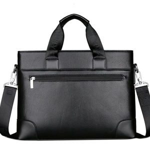 Business black lychee leather briefcase with dual handles and jacquard shoulder strap