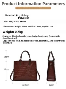 Detail view of crocodile pattern tote bag with removable strap and large capacity